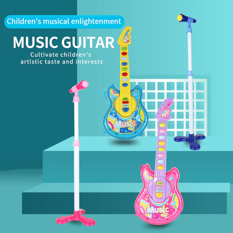 Children's musical enlightenment guitar with LED lights and microphone stand.