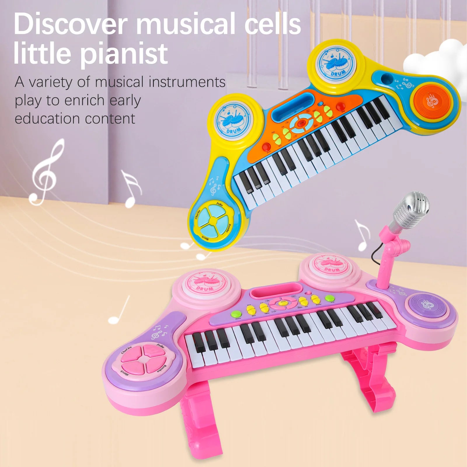 A vibrant children's electric keyboard piano with luminous features and a separate microphone, designed for interactive musical play and early education.