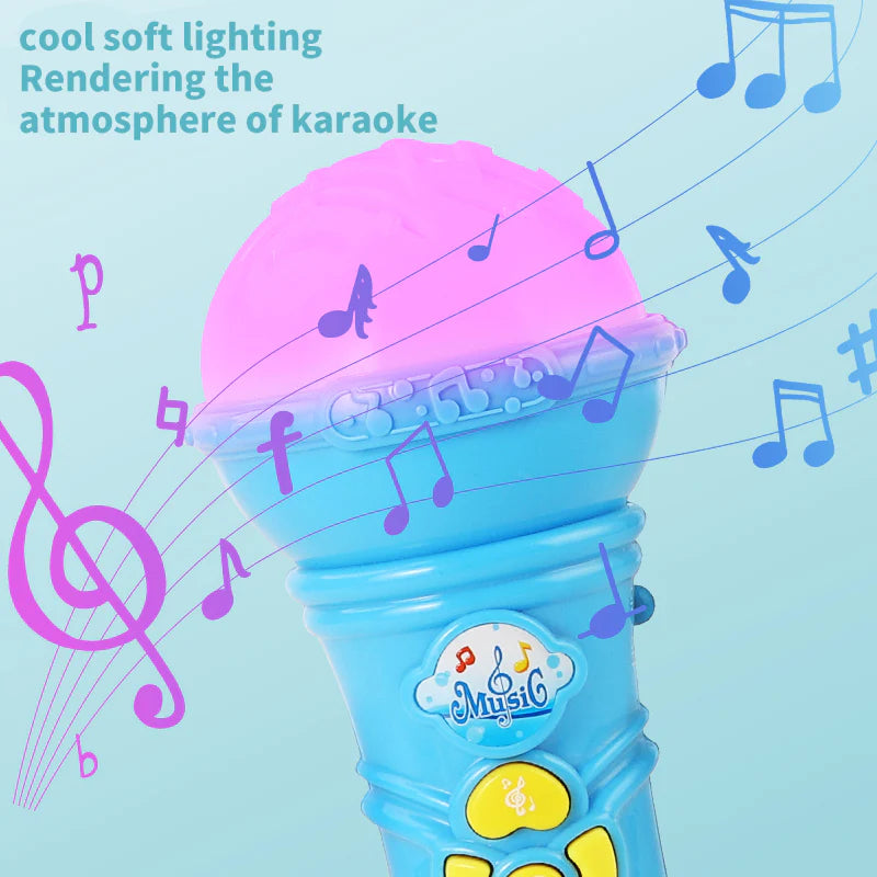 A children's microphone on stand with cool soft lighting enhancing the karaoke experience, adorned with floating musical notes.