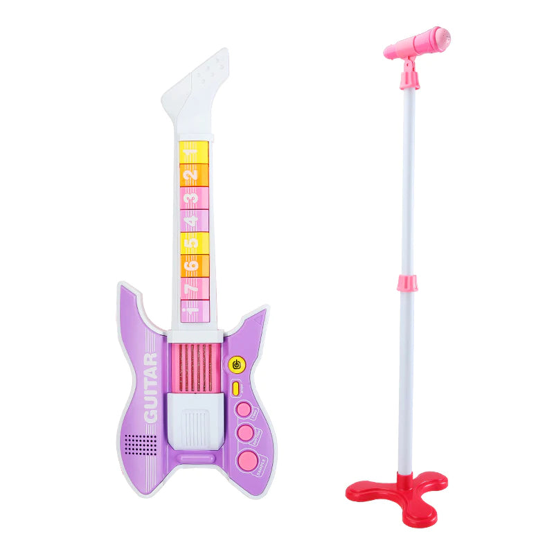 Complete set of a kids' electric guitar music toy in purple with microphone stand, designed for beginners and promising fun and musical creativity.