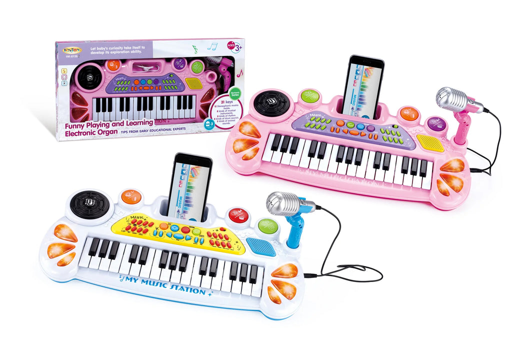 Colorful electronic keyboard piano toys for children, available in pink and blue, featuring a variety of interactive buttons and a connected microphone, ideal for music learning and entertainment.