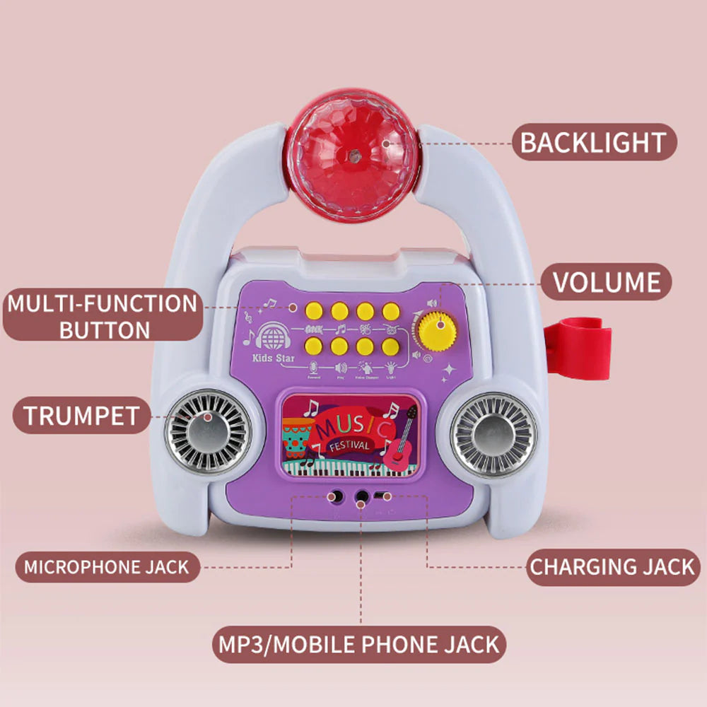 A luminous singing machine toy featuring a microphone jack, multi-function button, and toys musical elements designed for children's entertainment and interest enlightenment.