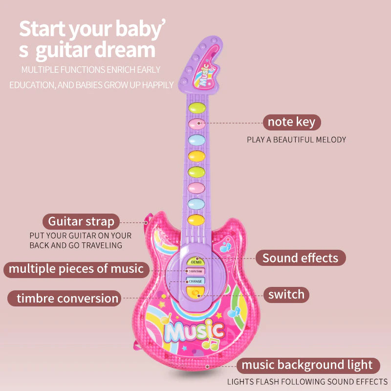 Beginner's electric guitar for children in pink with labeled features like note key, sound effects, and music background light.