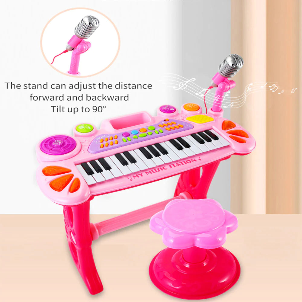 A vibrant pink upright electronic keyboard piano toy equipped with a microphone, adjustable stand, and numerous colorful buttons promoting musical exploration for children.