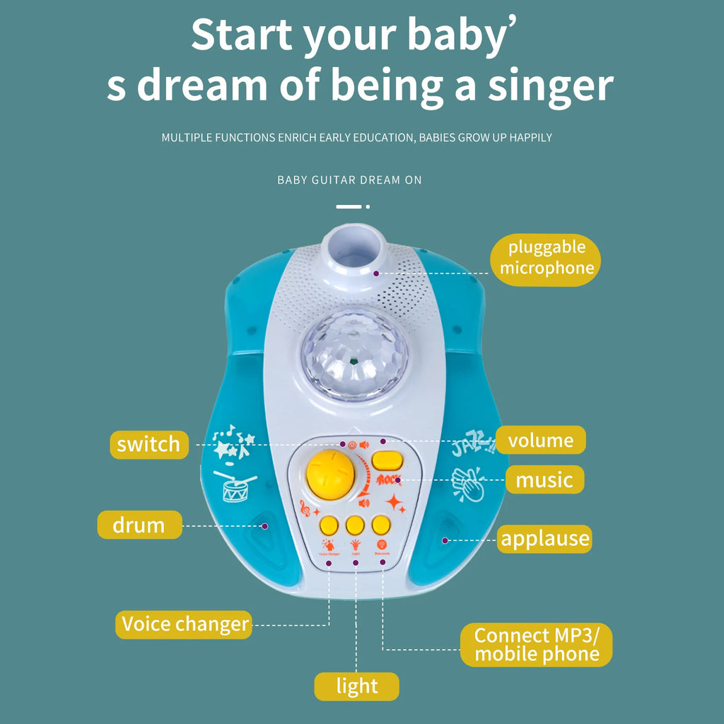 Interactive children’s singing machine featuring pluggable microphone and various controls for music, volume, and lights, designed to enrich early education.