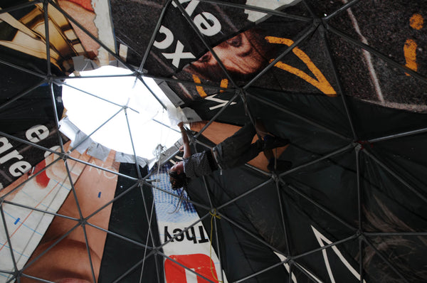 Mayra climbing the dome in the Waterpod, 2009, a floating habitat and temporary public park in New York by Mary Mattingly and collaborators