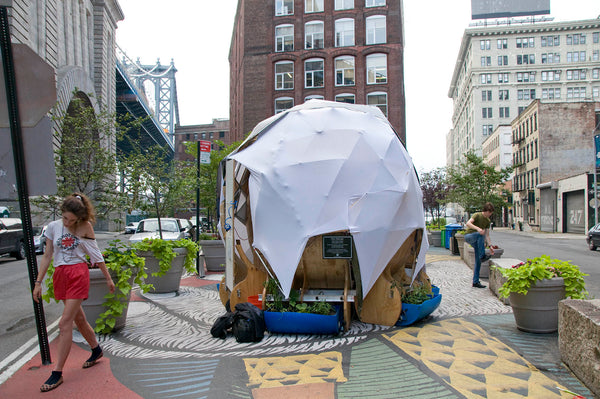 Flock House, 2012, a series of permanent and temporary portable structures people inhabited by Mary Mattingly