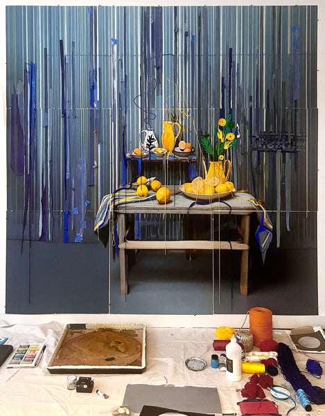 mary mattingly collage of a blue room dripping still life