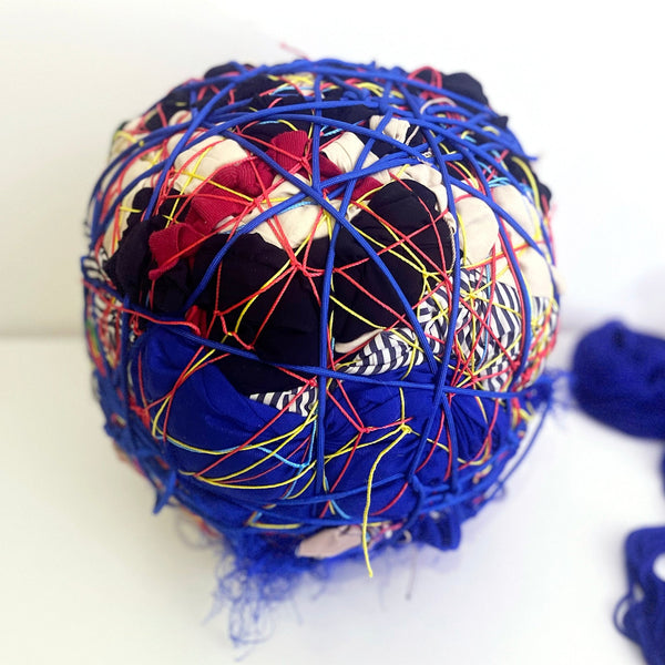 Soft sculpture, bundle sculpture sphere in blue and red