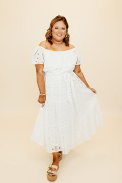 White Eyelet Off Shoulder Belted Midi Dress