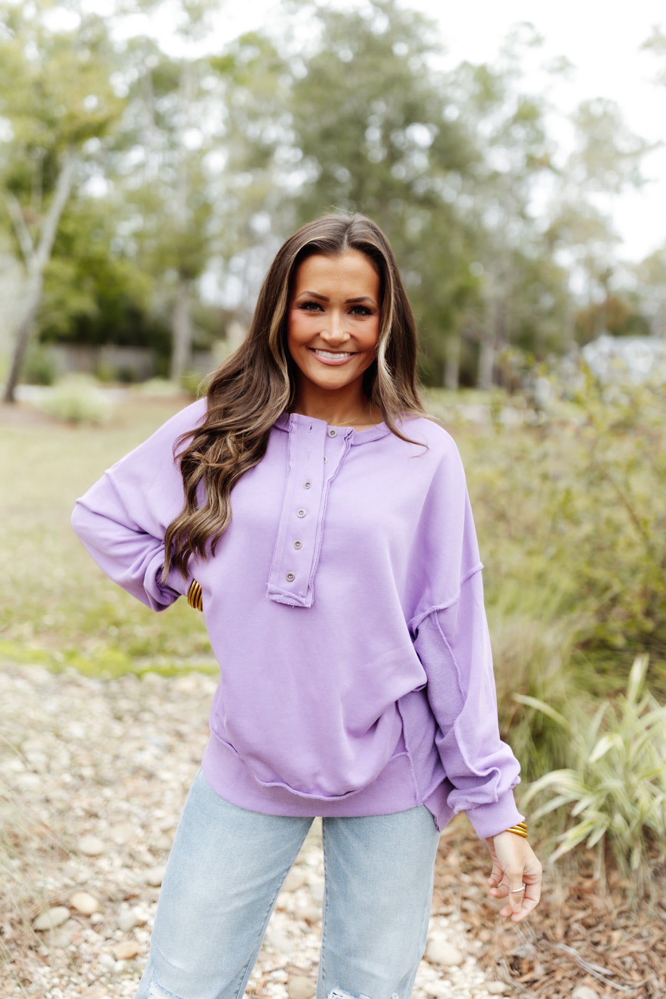 Lavender Mineral Washed Henley Reverse Seam Pullover