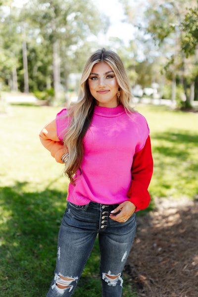 Hot Pink Colorblock Comfy Sweater