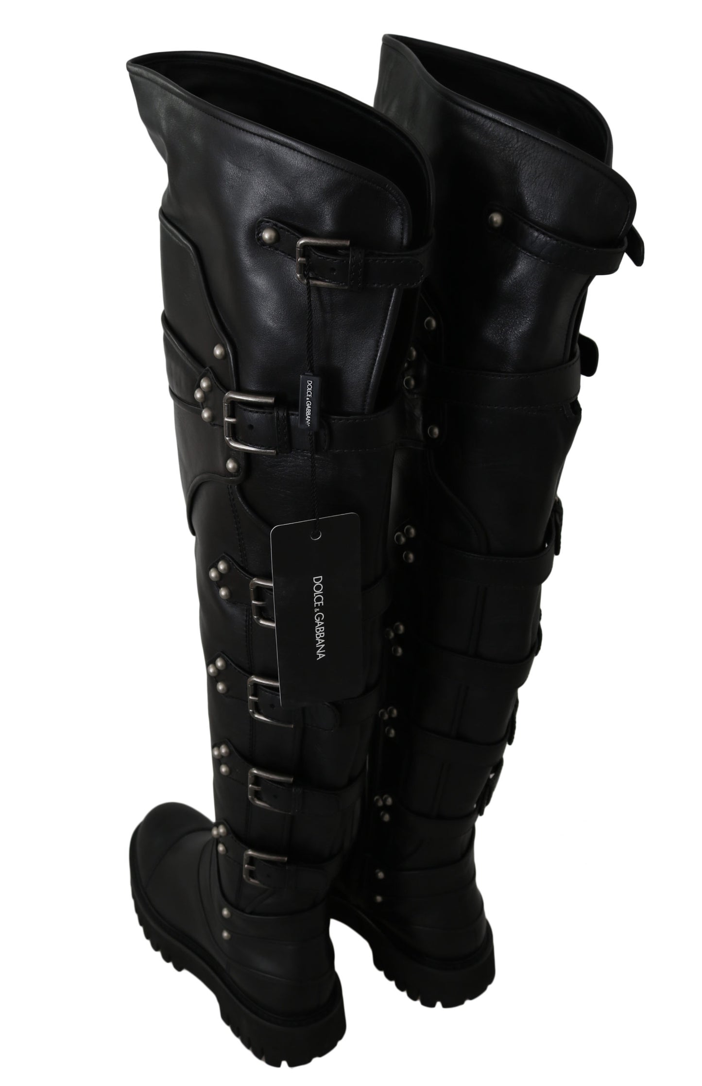Black Leather Over Knee Biker Boots