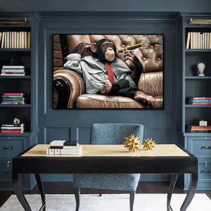 Baby Chimpanzee Smoking on the Sofa Wall Art Canvas - CORX Designs