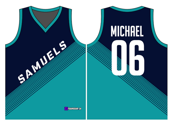 custom basketball shirts with team name and player numbers on the back in teal and navy blue