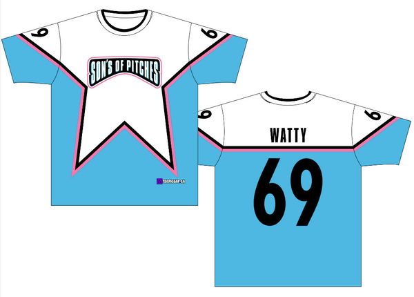 Sons of Pitches funny softball team names on blue custom jerseys
