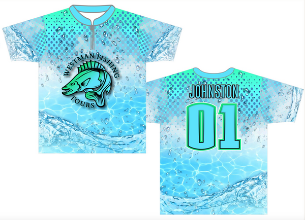 Design for custom fishing jerseys with light blue and turquoise colours and name and number on the back