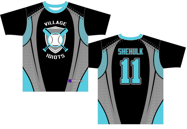 Village Idiots funny coed softball team jerseys in blue and grey