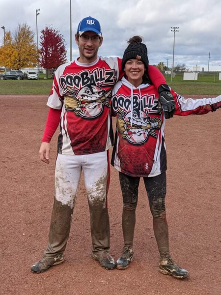 the Oddballz wearing custom jerseys with their funny coed softball team name on the front