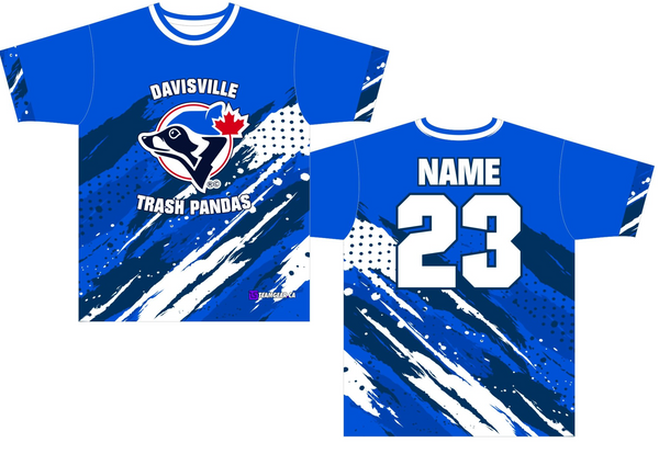 Trash Pandas funny coed softball team names on blue custom jerseys