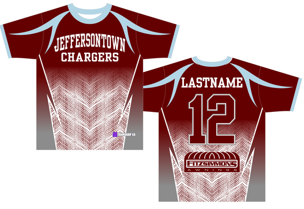 custom school shirts for Jeffersontown Chargers with sponsor tags on the back