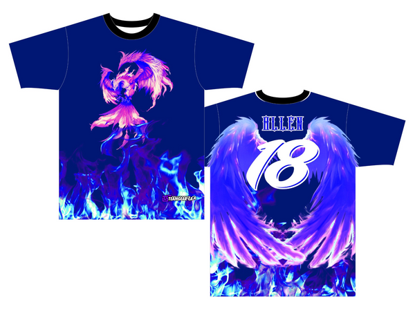 Slo Pitch Jerseys for Phoenix team with purple and blue mythical bird mascot
