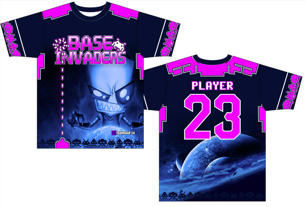 Base Invaders funny softball team names on purple full sublimation jerseys