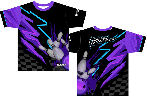 Custom bowling shirt with purple pins and lightning design