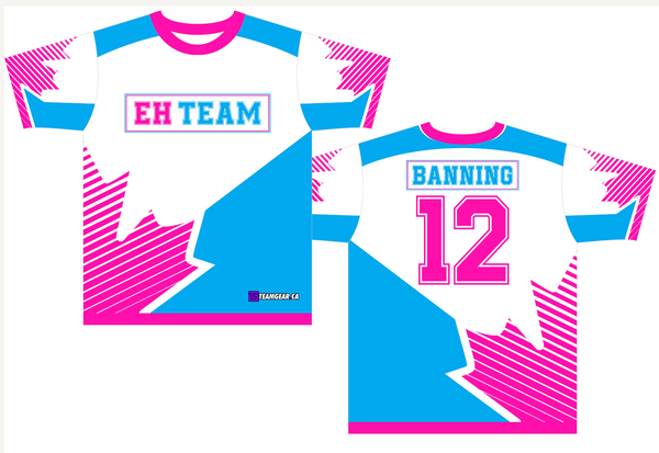 coed softball team names on blue and pink custom jerseys