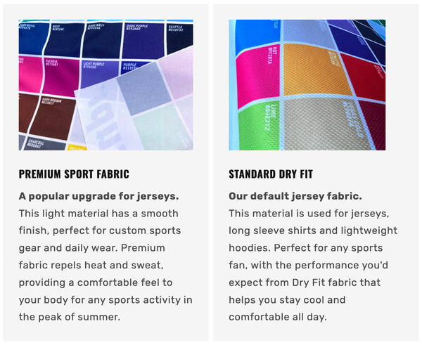 Fabric descriptions of Premium Sport and Dry-Fit fabrics for breathable custom jerseys