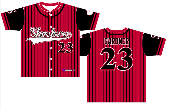 red and black Slo Pitch Jerseys with pinstripes
