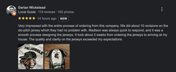 5 star customer review for Canadian jersey supplier TeamGear