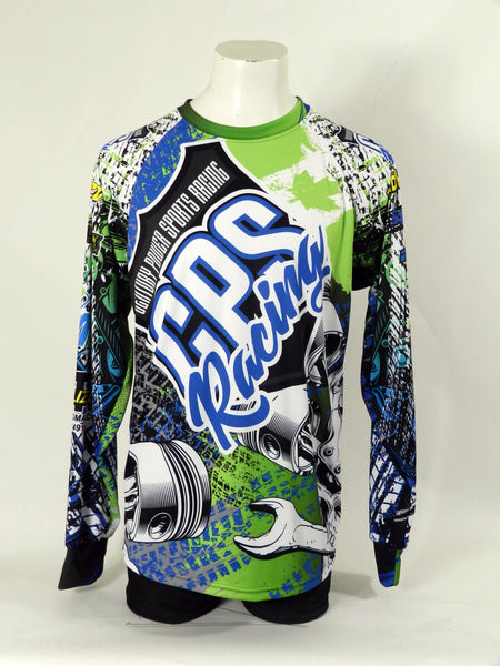 custom motocross shirt with blue and green racing inspired designs