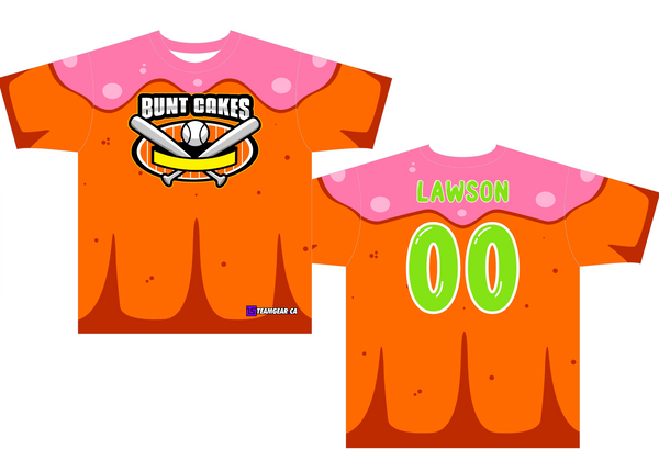 Bunt Cakes dessert themed jerseys with funny softball team names on the front