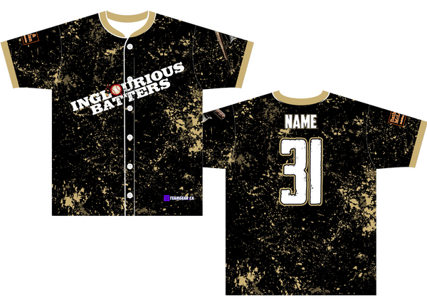 funny softball team name The Inglorious Batters on black and gold custom jerseys