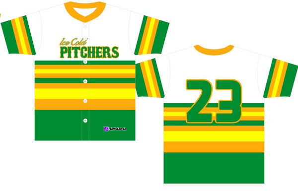 Ice Cold Pitchers funny softball team name jerseys with yellow and green stripes