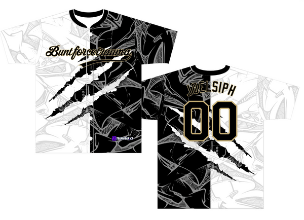 Bunt Force Trauma funny softball team name jerseys split black and white design