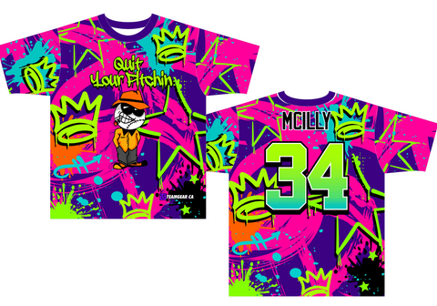 funny softball team name Quit Your Pitchin with custom graffiti designed jerseys