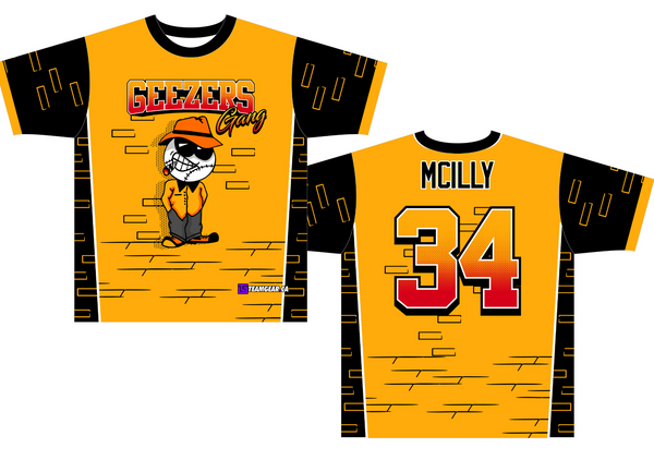 geezers gang custom jerseys with a funny softball team name