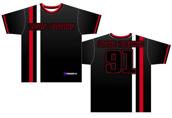 The Grand Salamis custom jerseys with funny softball team name on the front