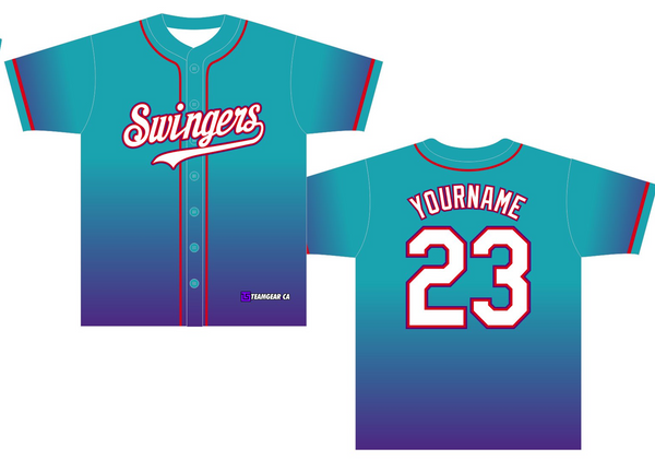 coed softball team names Swingers with green and blue gradient jerseys