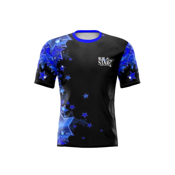 blue star custom school band shirts on a black background