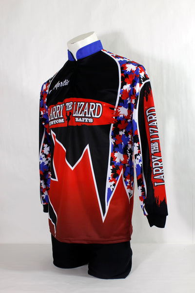 Fishing jerseys Canada inspired design with maple leaf and larry lizard branding