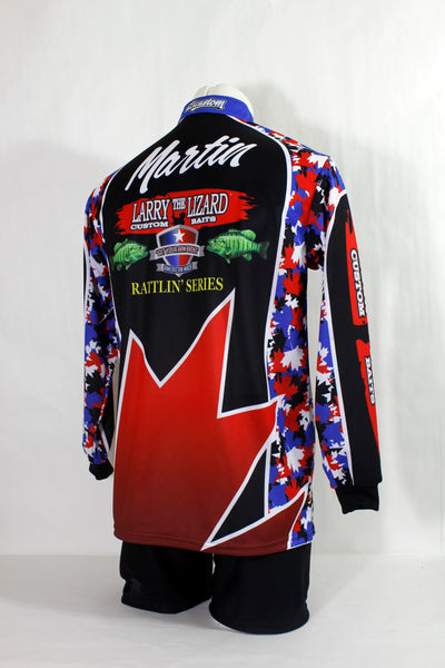 Custom fishing jersey with Canada maple leaf design
