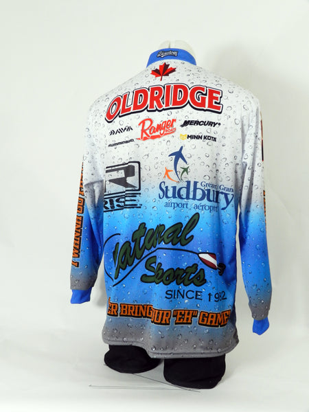 Custom fishing jersey with water droplet design and sponsor logos on the back