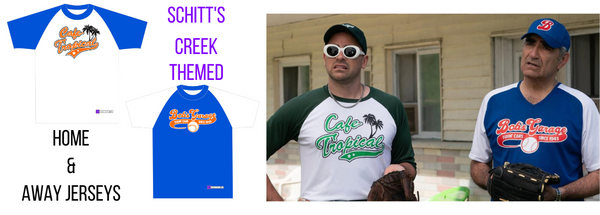 Schitt's Creek funny coed softball team name themed jerseys