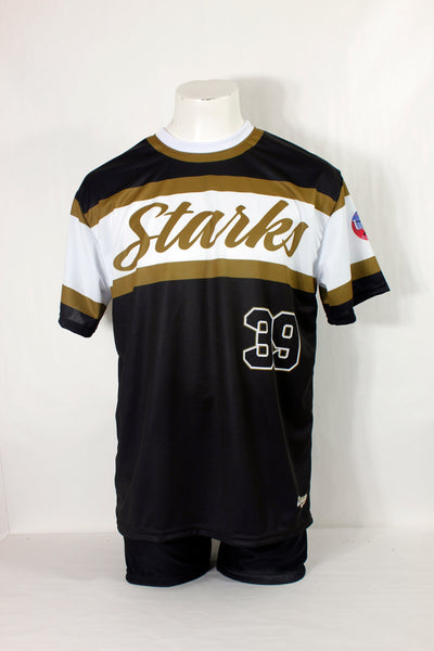 Custom Slo-Pitch jerseys for Starks team in black with gold and white accents