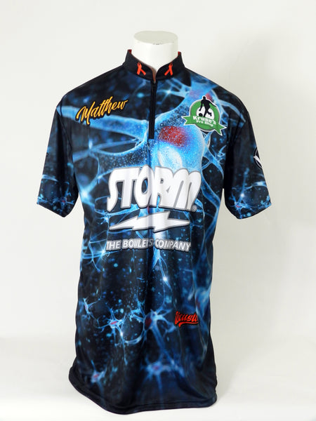 Custom Bowling Jersey with blue galaxy designs and Storm branding