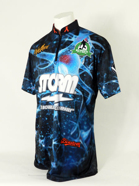 Custom bowling jerseys with Storm team branding in black and blue designs