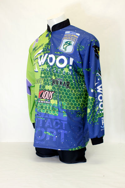 custom designed fishing jerseys with multiple sponsor logos on the front and down the sleeve